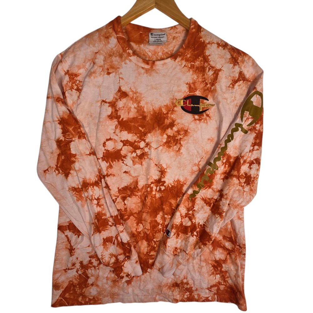 Champion Reverse Weave Sweatshirt Men Sz Large Tie Dye Orange Crew Neck